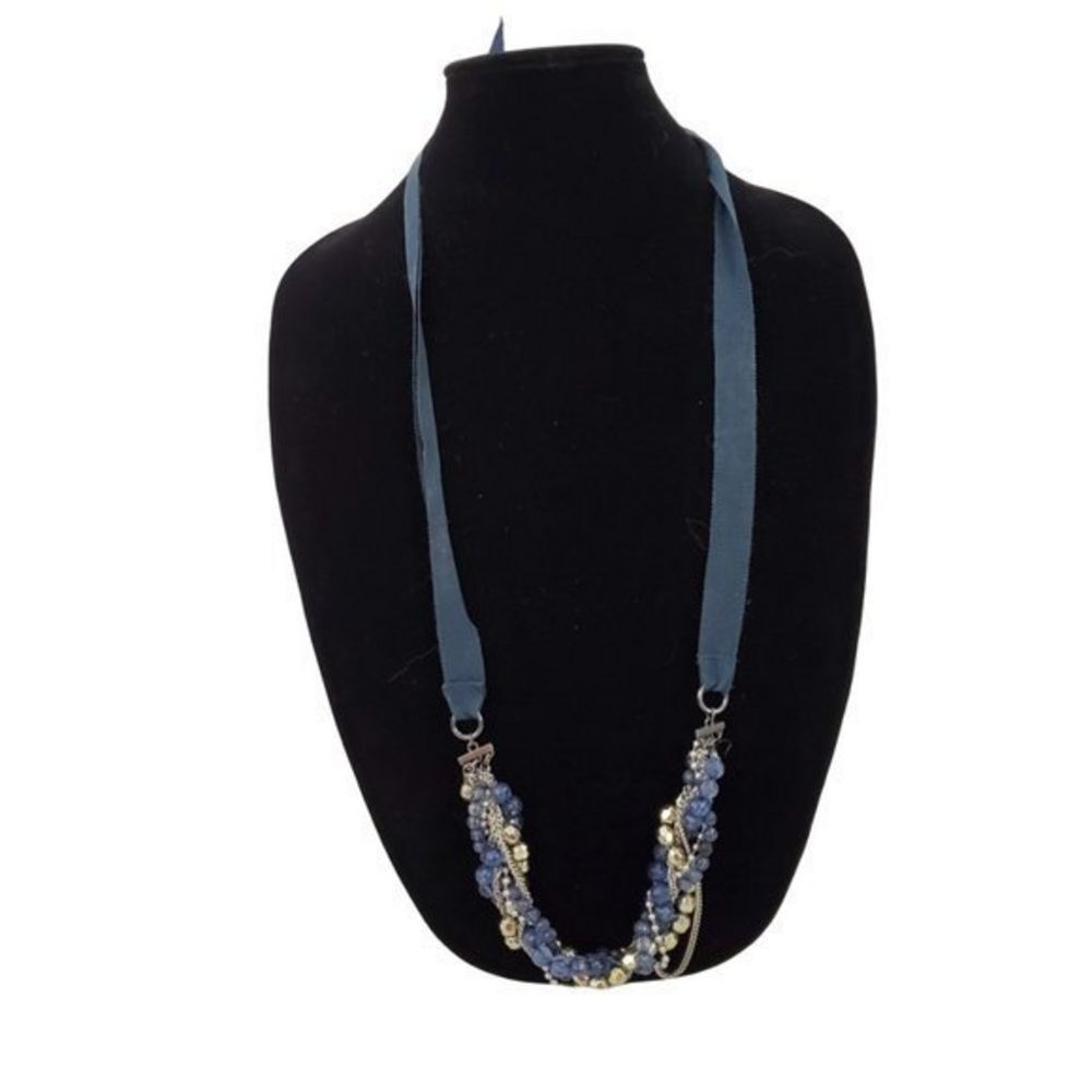 Blue Beaded Braided Necklace Ribbon Gold Tone Twis‎